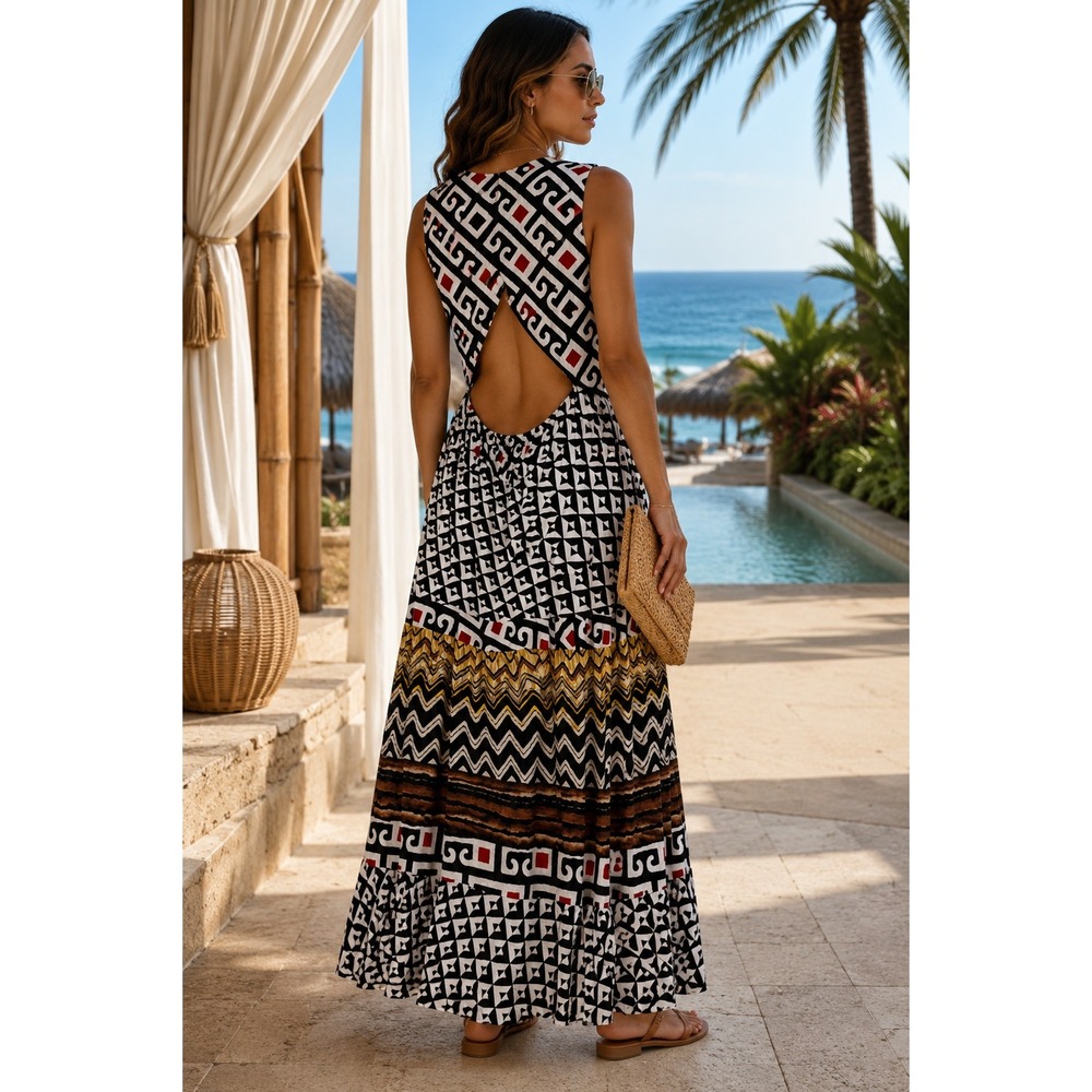 Sabby Anand Maxi Dress Sz L Cotton Geometric Tribal Print Open Back Boho Resort - Picture 2 of 11